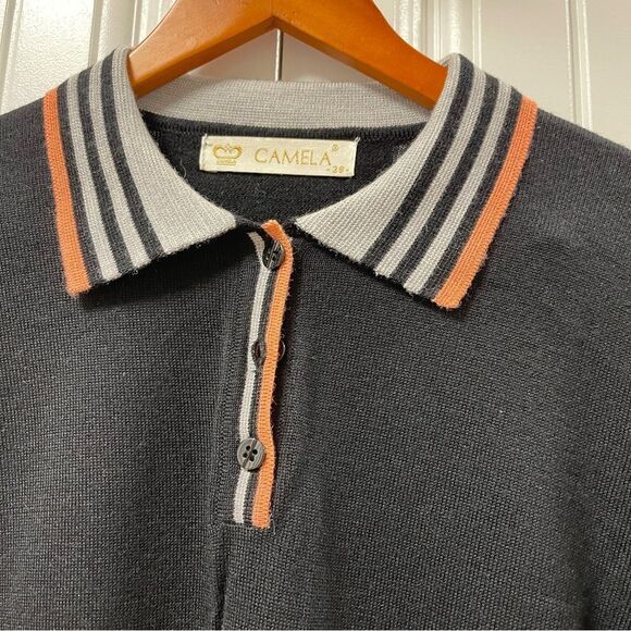 Vintage Camela Merino Wool Button-Collared Long Sleeve Polo Black Pink - Picture 4 of 9